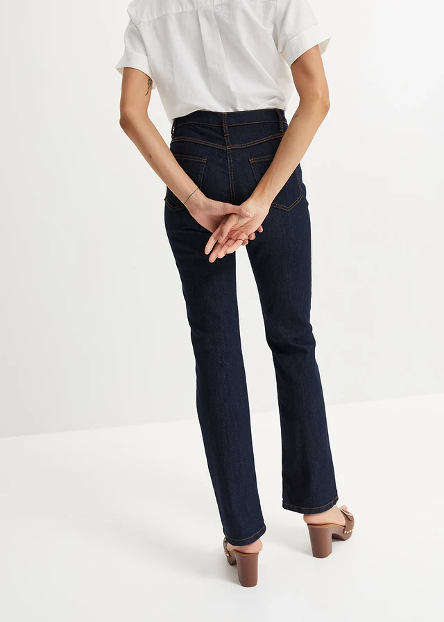 Straight jeans mid waist, stretch, Kleur: donkerblauw denim