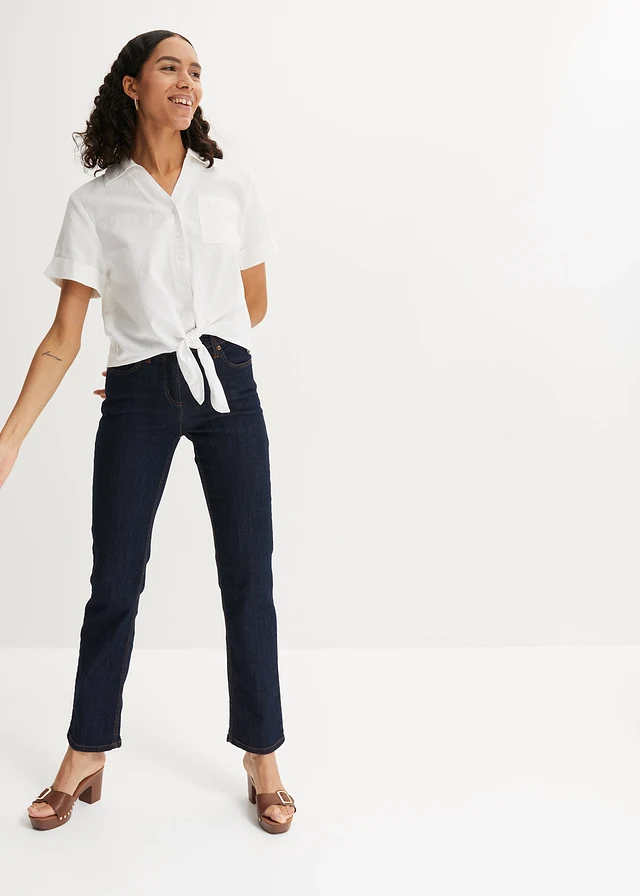 Straight jeans mid waist, stretch, Kleur: donkerblauw denim