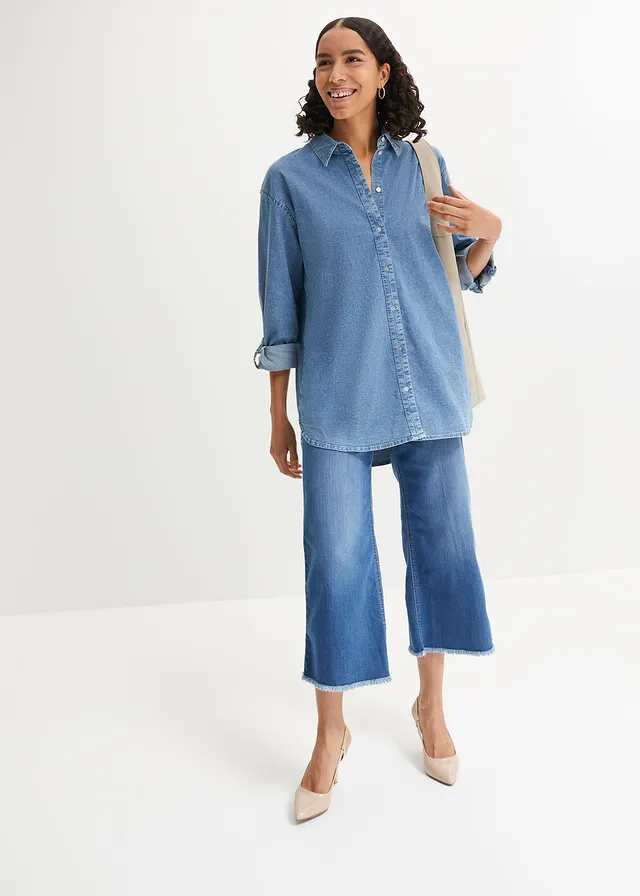 Strečová džínová halenka Oversize • modrý denim • bonprix obchod