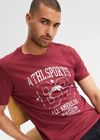 T-shirt (set van 2) in regular fit • bordeaux+schaduwgroen met print • bonprix online shop