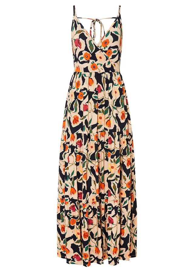 Maxi jurk van een zachte viscosemix, Kleur: zwart-beige gebloemd