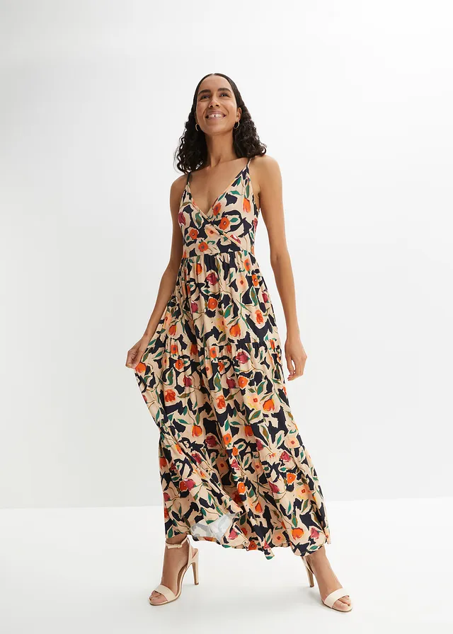 Maxi jurk van een zachte viscosemix, Kleur: zwart-beige gebloemd
