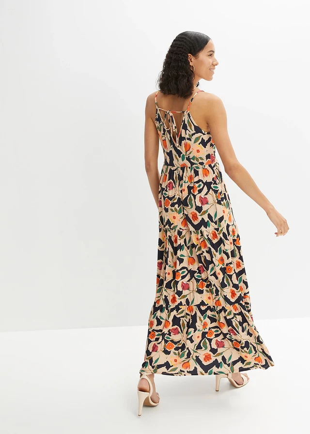 Maxi jurk van een zachte viscosemix, Kleur: zwart-beige gebloemd