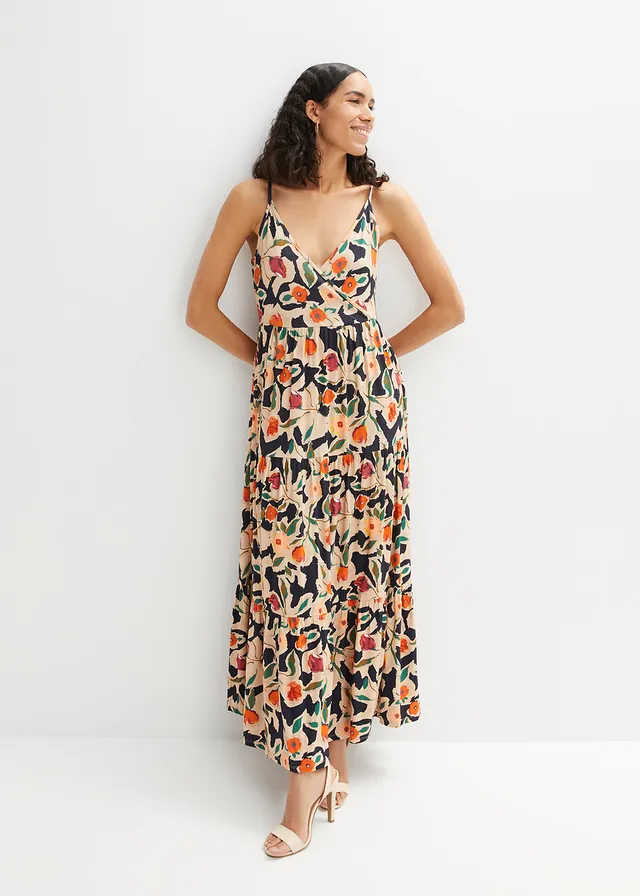 Robe longue en viscose douce et extensible, Couleur: noir/beige floral