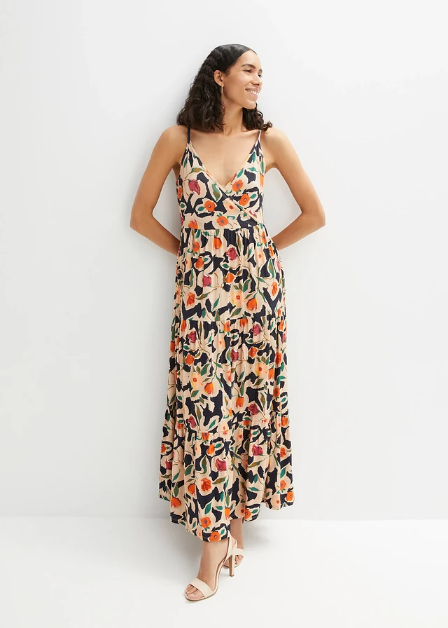 Maxi jurk van een zachte viscosemix, Kleur: zwart-beige gebloemd