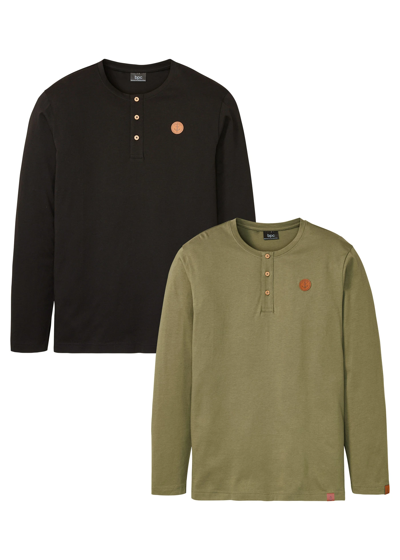 Bluză henley cu mâneci lungi din bumbac organic 100% (set/2 buc.) • negru+oliv • magazin bonprix