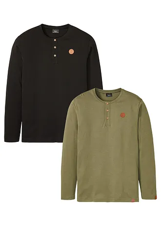 Lot de 2 T-shirts manches longues col tunisien 100% coton, Couleur: noir-olive