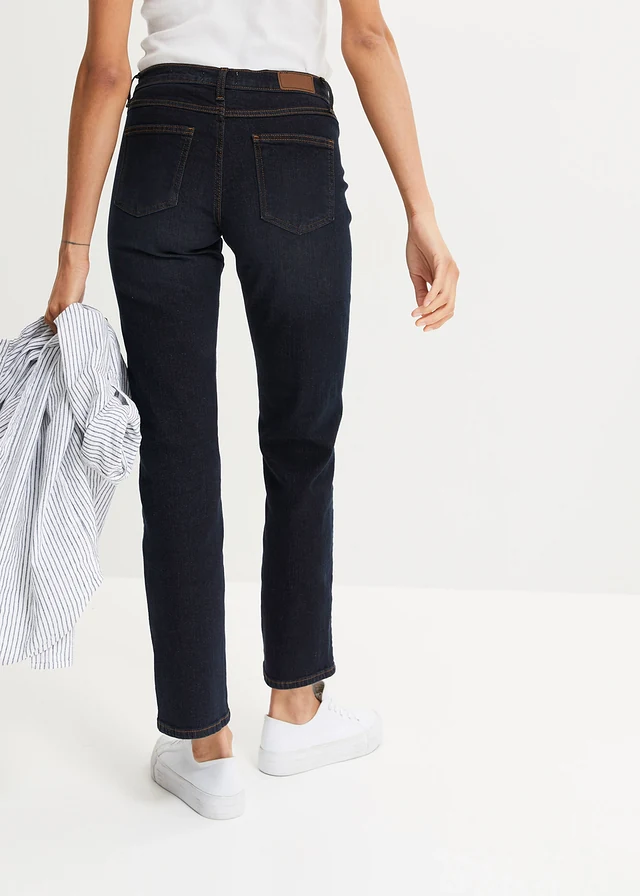 Mid waist stretch jeans, straight, Kleur: donkerblauw denim used