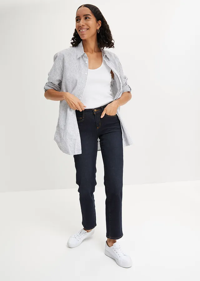 Blugi straight Mid Waist, Stretch bleumarin uzat