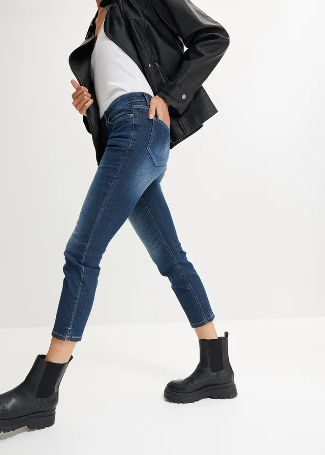 7/8 stretchjeans met splitten, Kleur: donkerblauw used
