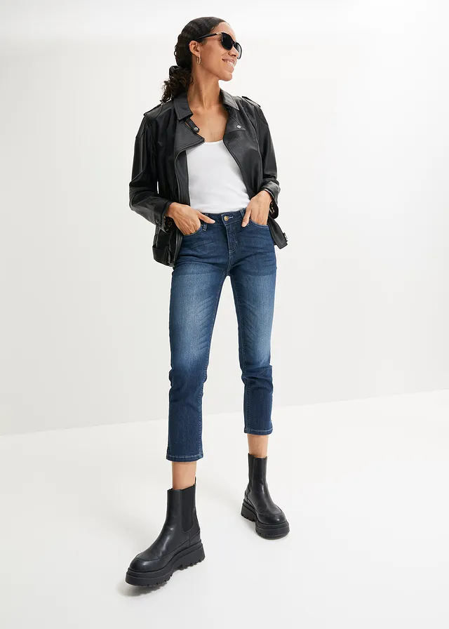 7/8 stretchjeans met splitten, Kleur: donkerblauw used