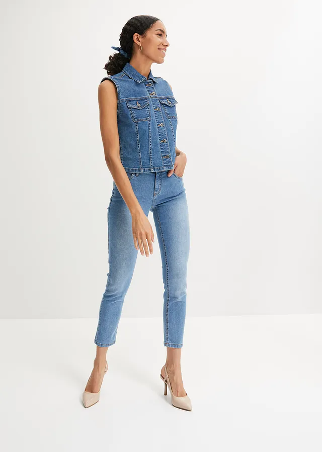 Jean slim taille mi-haute, cropped, Couleur: bleu clair used