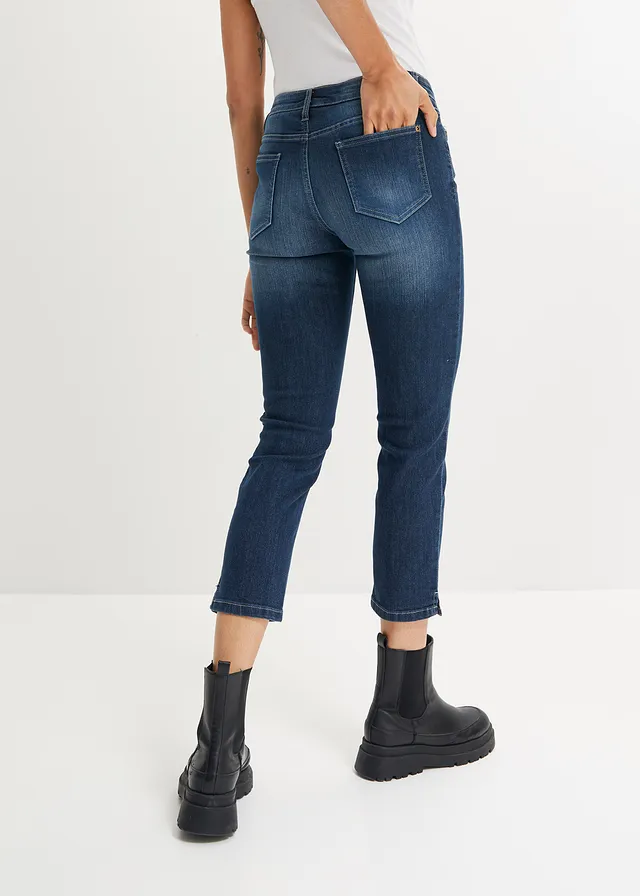 7/8 stretchjeans met splitten, Kleur: donkerblauw used
