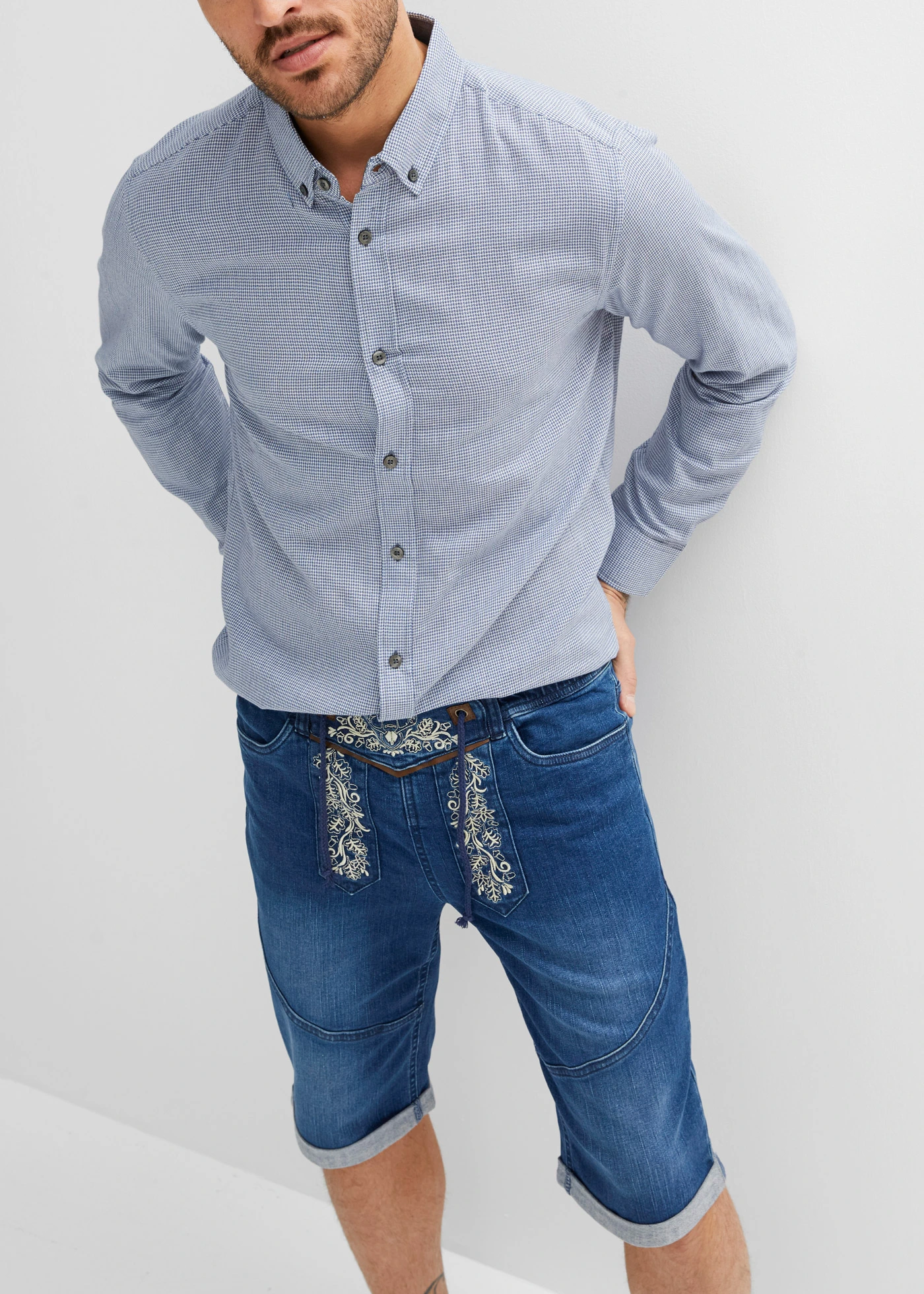 Stretch jeans bermuda met borduursel, regular fit • blue stone • bonprix online shop