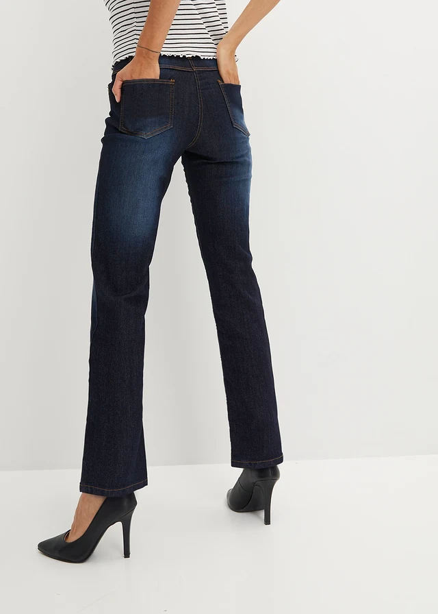 Jeansy ze stretchem, straight, mid waist • granatowy used • sklep bonprix