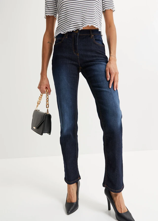 Straight jeans mid waist, stretch, Kleur: donkerblauw denim used