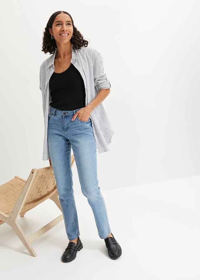 Jean droit taille mi-haute, extensible, Couleur: bleu clair used