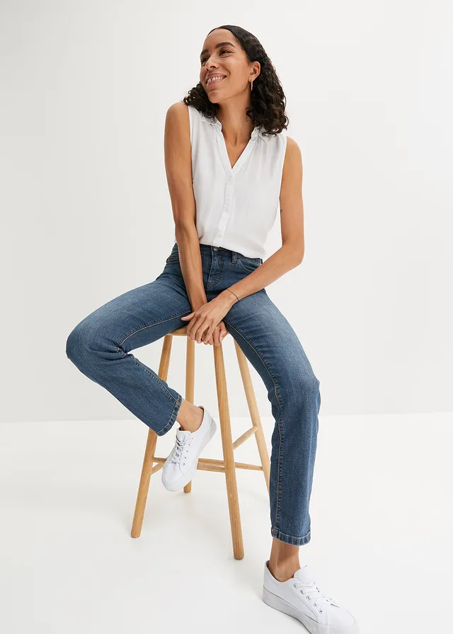 Mid waist stretch jeans, straight, Kleur: donkerblauw used