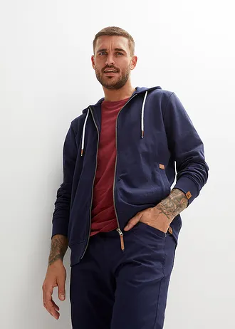 Sweatvest met een capuchon en imitatieleleren details • donkerblauw • bonprix online shop