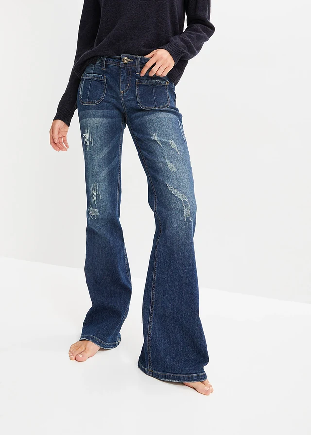 Jean évasé, taille basse, extensible, Couleur: bleu nuit denim