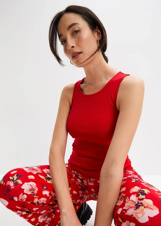 Lot de 2 tops côtelés 100% coton, Couleur: rouge profond + beige galet