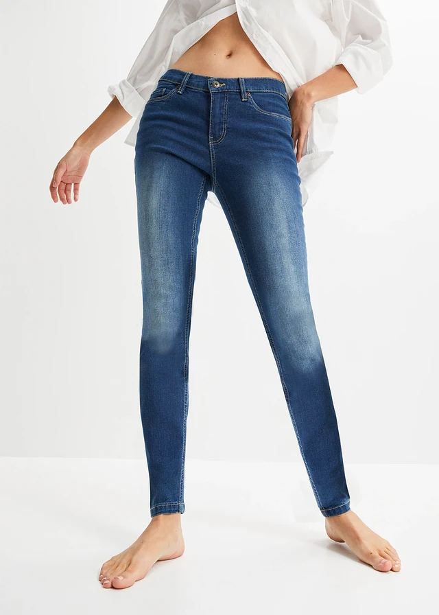 Skinny stretch jeans mid waist, Kleur: blauw denim