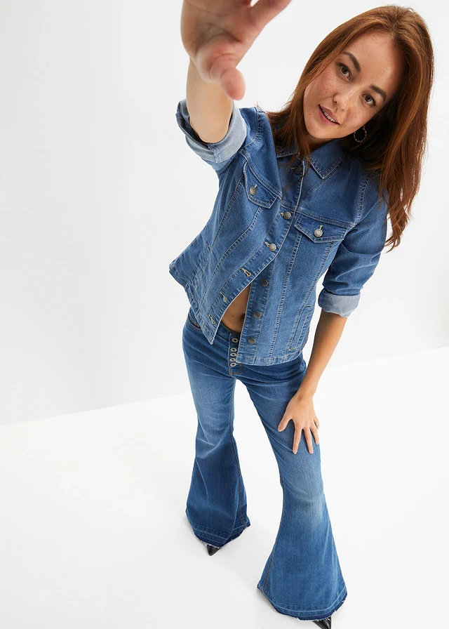 Flared jeans met onafgewerkte randen, Kleur: blauw denim