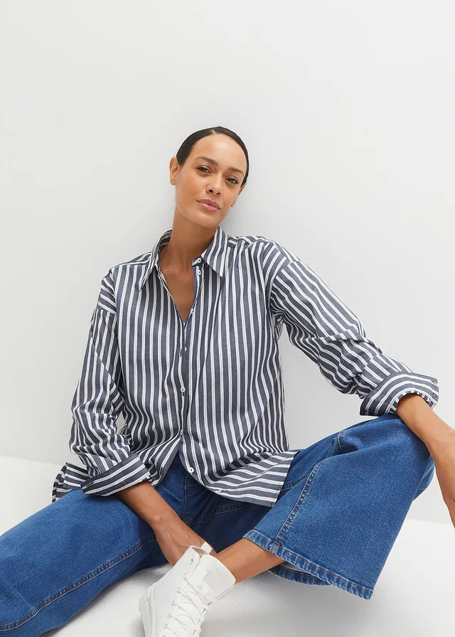 Overzised overhemdblouse van katoen, Kleur: donkerblauw gestreept