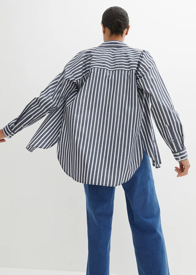 Overzised overhemdblouse van katoen, Kleur: donkerblauw gestreept