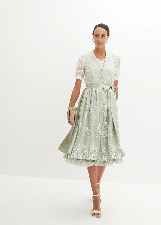 Kanten dirndl blouse met knopen, Kleur: wolwit