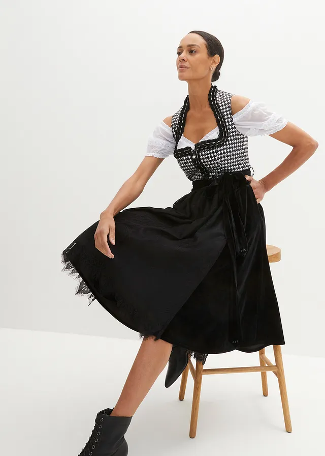 Dirndl met schort (2-dlg. set), Kleur: zwart-wolwit gedessineerd