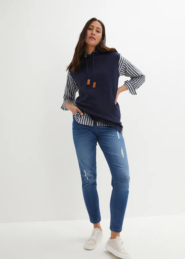Oversized spencer met capuchon, Kleur: donkerblauw gemêleerd