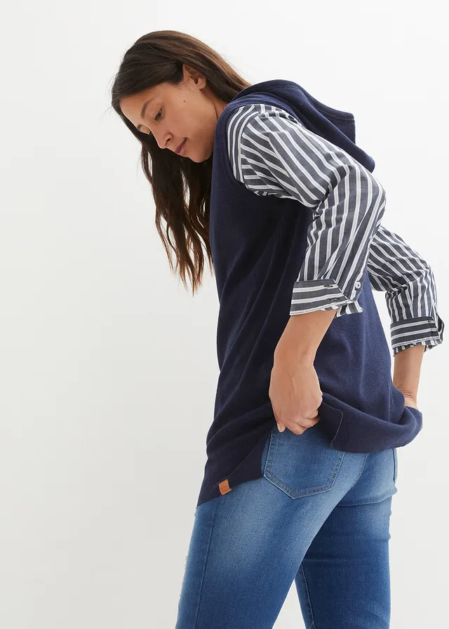 Oversized spencer met capuchon, Kleur: donkerblauw gemêleerd
