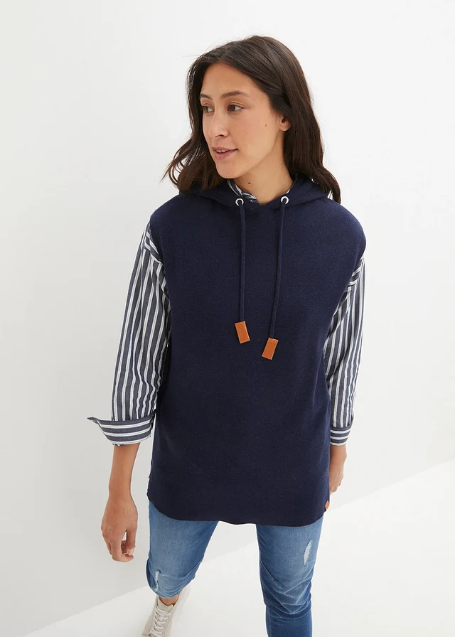 Oversized spencer met capuchon, Kleur: donkerblauw gemêleerd