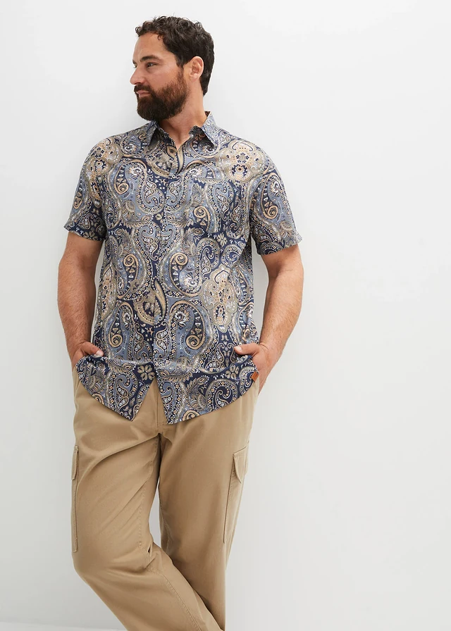 Overhemd van zomers materiaal met korte mouwen, Kleur: donkerblauw paisley