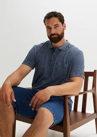 Poloshirt in gewassen look, korte mouw, Kleur: rookblauw fijn gestreept