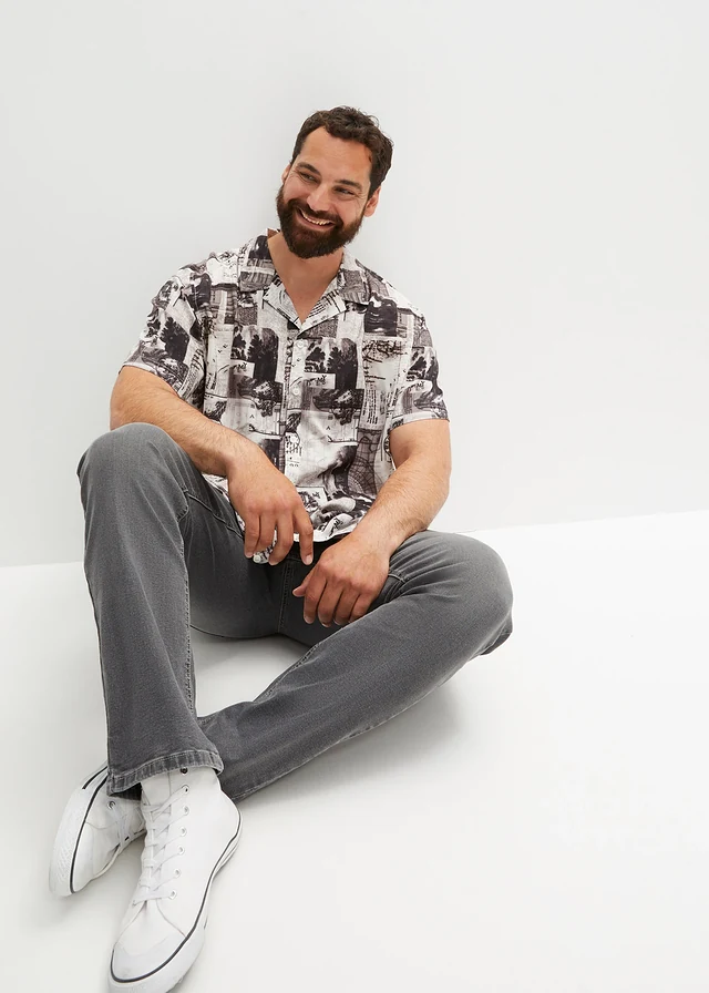 Viscose overhemd met korte mouwen, Kleur: wit/zwart