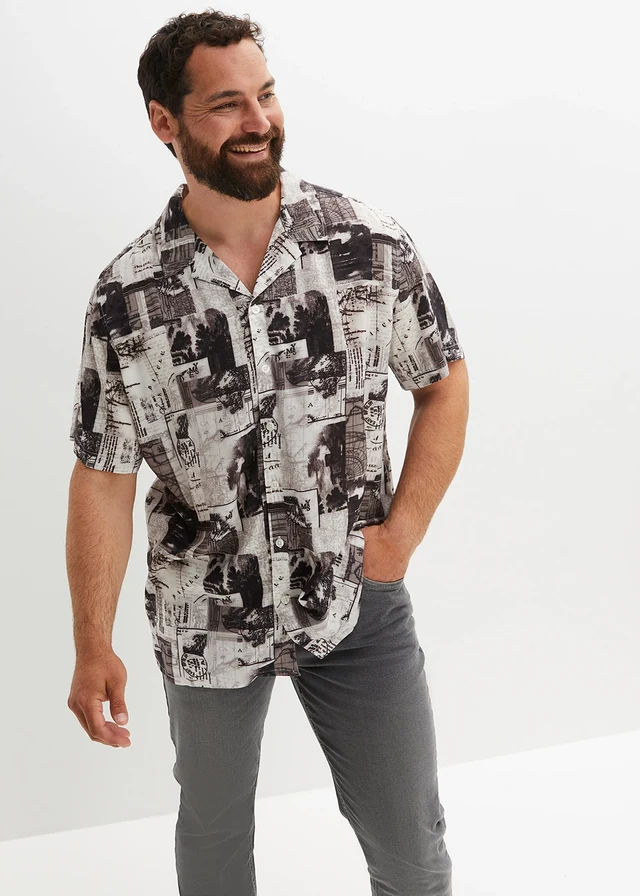 Viscose overhemd met korte mouwen, Kleur: wit/zwart