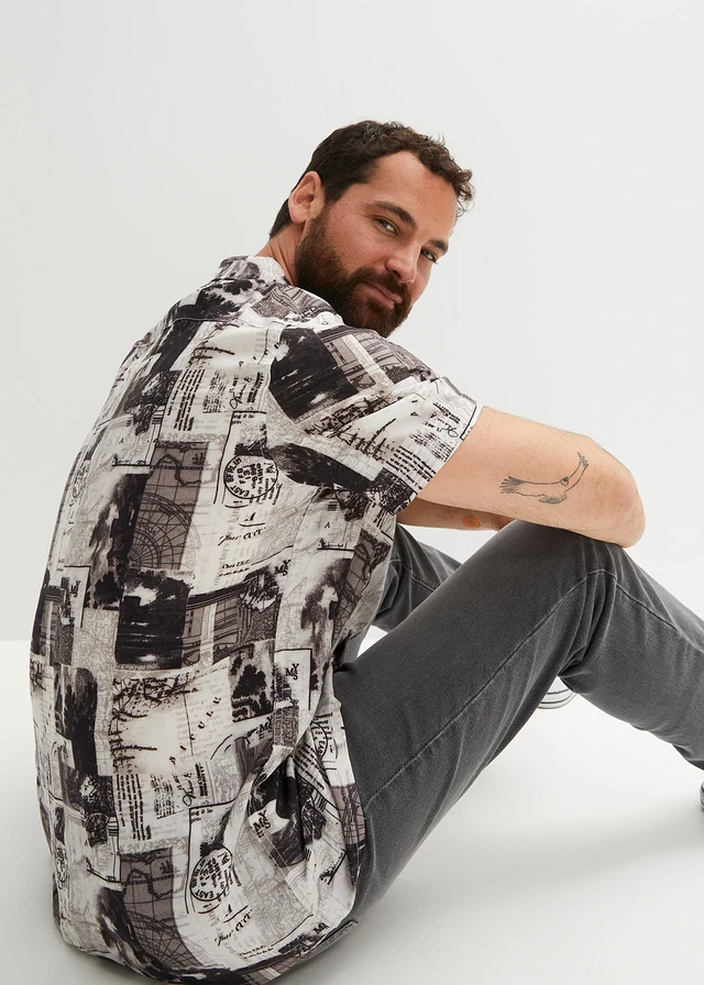 Viscose overhemd met korte mouwen, Kleur: wit/zwart