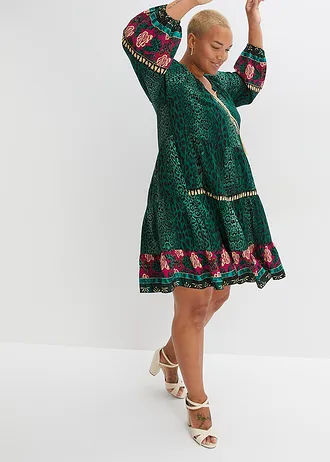 Tunikové šaty ze splývavé viskózy, barva: tmavě zelená s leopardím potiskem