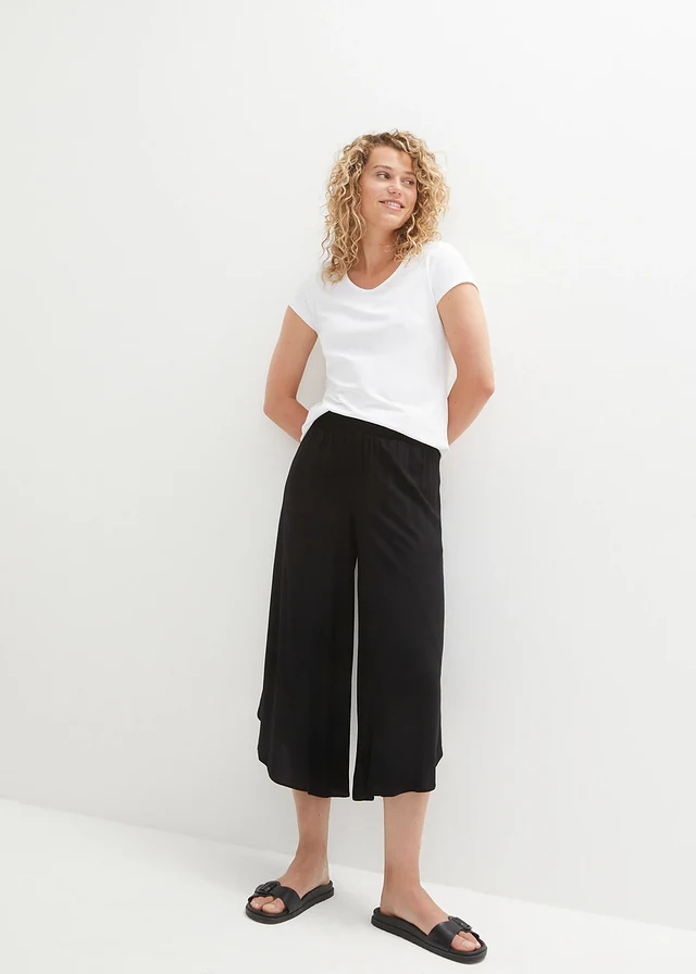 Jupe-culotte longueur mollet en viscose douce, Couleur: noir