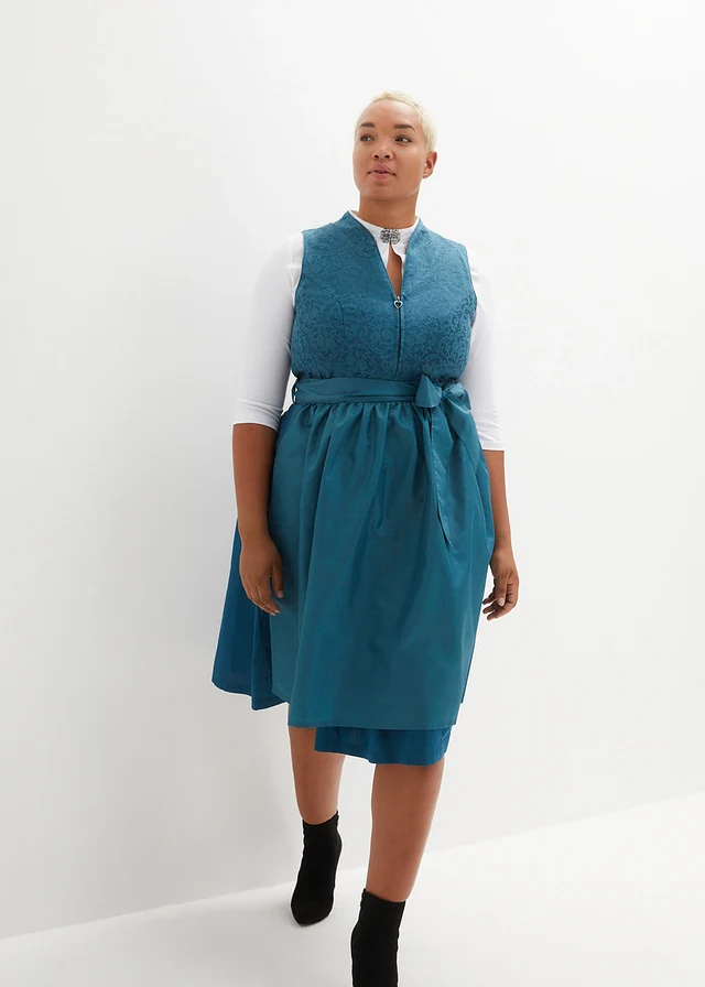 Dirndl à motif jacquard et tablier longueur midi (Ens. 2 pces.), Couleur: pétrole/pétrole mat
