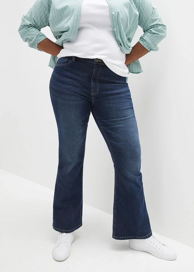 Jean flare taille haute, Couleur: bleu foncé denim
