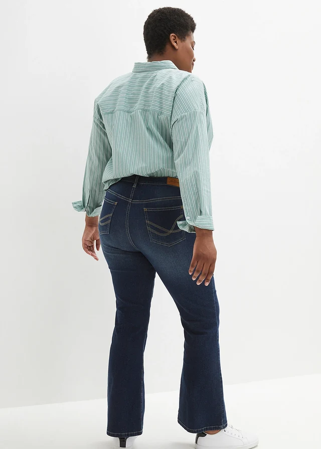 Jean flare taille haute, Couleur: bleu foncé denim