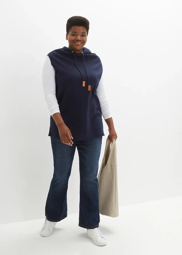 Pull sans manches à capuche, oversize, Couleur: bleu foncé chiné