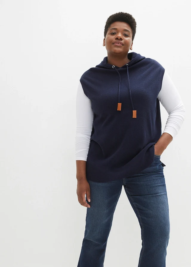 Pull sans manches à capuche, oversize, Couleur: bleu foncé chiné