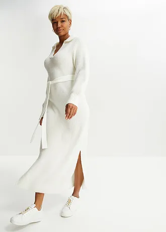Gebreide maxi jurk met ceintuur (2-dlg. set), Kleur: wolwit