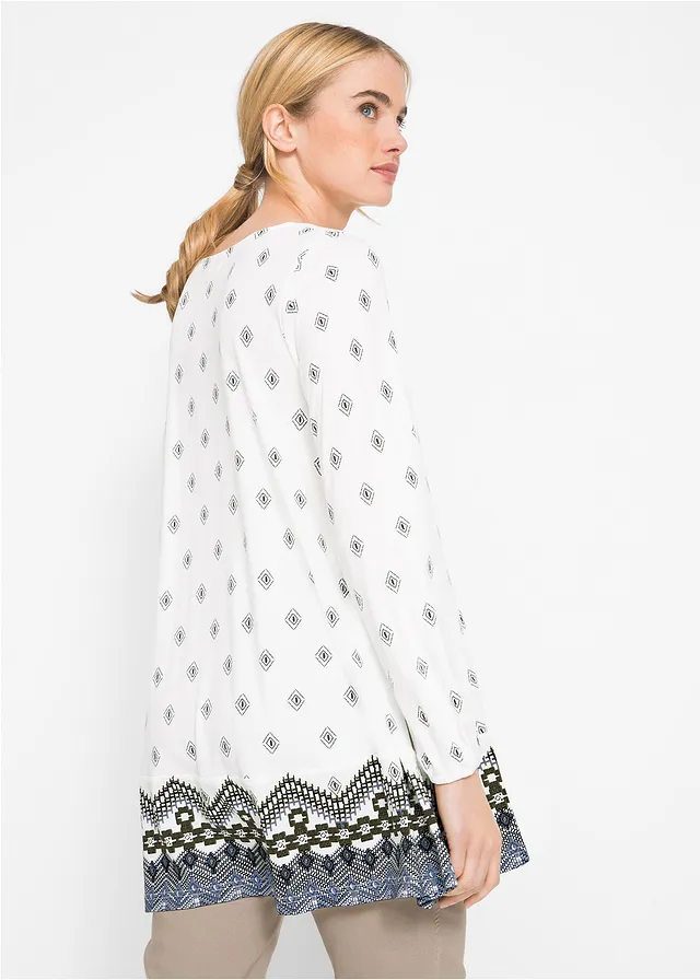Extra wijde shirt tuniek in een katoen-mix, Kleur: wolwit grafische print
