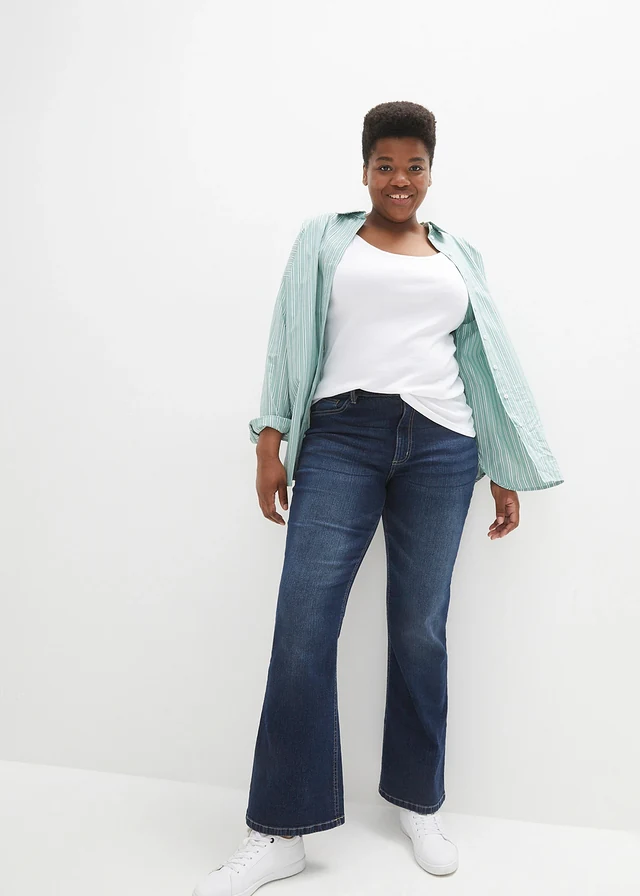 Jean flare taille haute, Couleur: bleu foncé denim