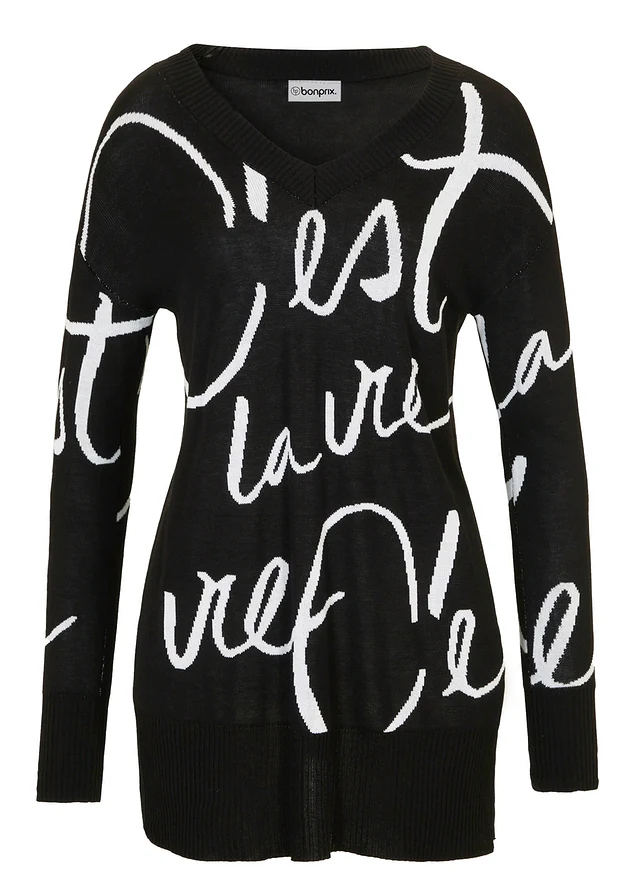 Pull avec inscription, Couleur: noir-blanc imprimé